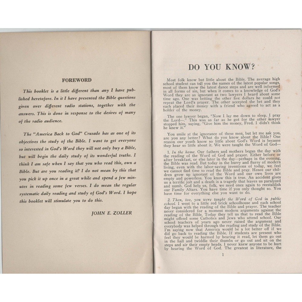 Vtg Do You Know Bible Knowledge Quiz Booklet John E Zoller America Back To God - Picture 3 of 3